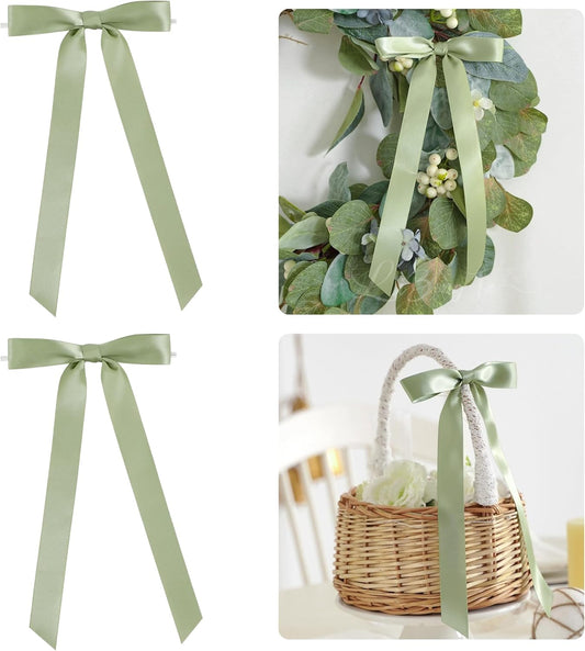 50 PCs Sage Green Bow Decor 5.5'' Satin Bows with Long Tail, Twist Tie Bows for Craft, Packaging Ribbon Bows, Premade Bows for Cake Decorating, Gift Bows for Treat, Wedding Favor, Party