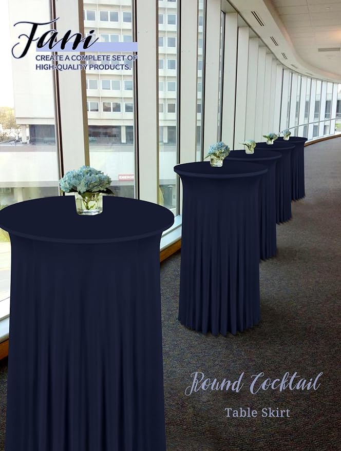 fani 6 Packs 32"x 43" Round Cocktail Table Skirt, Spandex Fitted High Top Table Skirt, Spandex Stretch Cocktail Tablecloth for Wedding Party Bar Banquet Birthday Tables(Navy Blue)