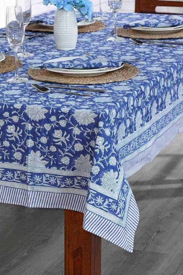 Ridhi Dark Blue Hand Block Print Cotton Rectangle Tablecloth 190" x 72" inches Reusable Table Cover Decorative Everyday Use for Dining Room, Farmhouse, Home Gift for Spring, Mother's Day
