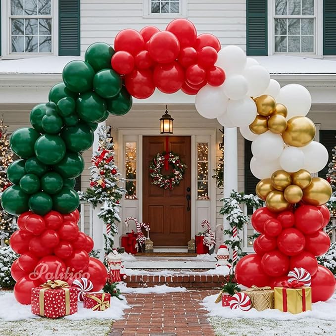 Christmas Balloon Arch Kit 140pcs Double Stuffed Green Red White & Gold Balloons Garland, Merry Christmas Balloons Arch Decorations for Holiday Party Backdrop & Merry Xmas Balloons Decor Supplies