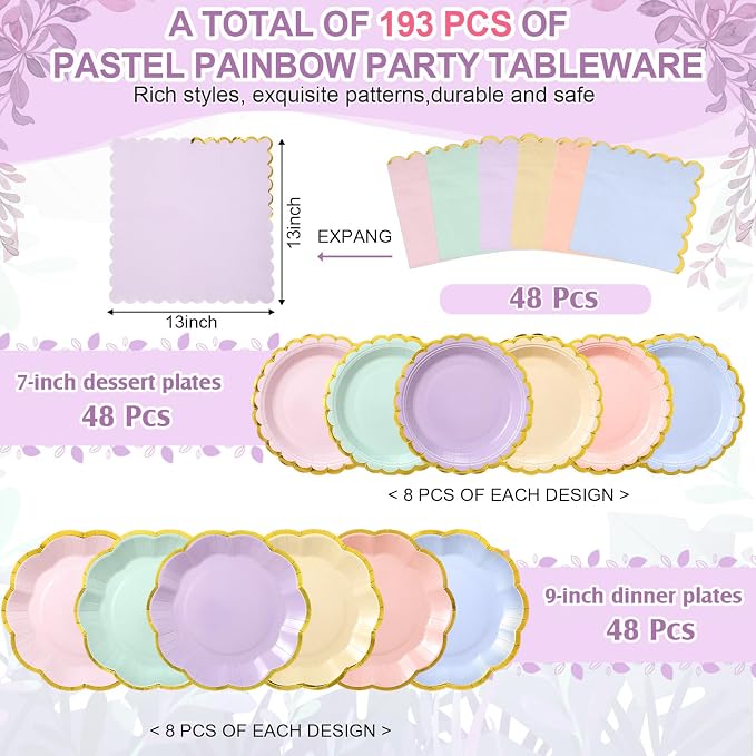 Yungyan 193 Pcs 48 Guests Pastel Gradient Rainbow Birthday Party Supplies Disposable Tableware Set 9 oz Paper Cups with Handle 7" 9" Paper Plate Napkin Tablecloth for Party Wedding Baby Shower