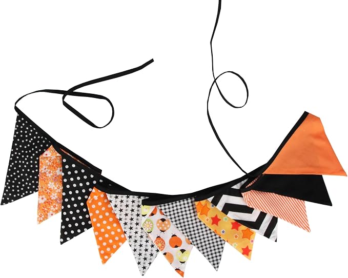 Halloween Pennant Banner, 1 Pack 12 Flags Vintage Halloween Banner Decor Fabric Bunting Flags Orange Garland Fall Decor