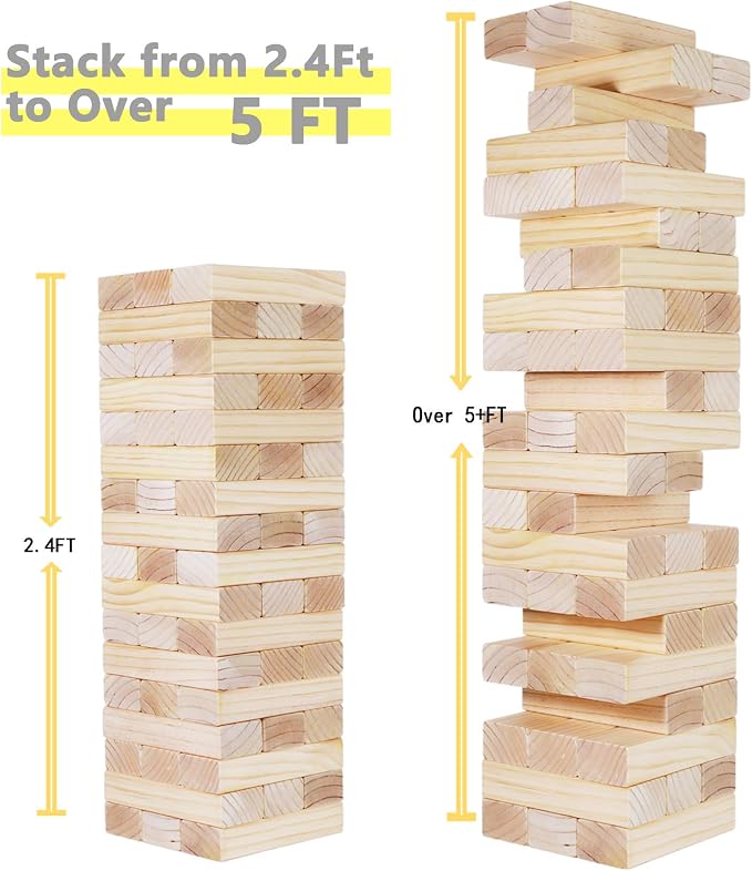 GOROCK Jumbo Tumble Tower,60pcs Large Classic Giant Indoor Outdoor Game for Kids and Family,Stack Over 5Ft Wooden Blocks Party Game at Backyard Lawn with Friends On Holiday