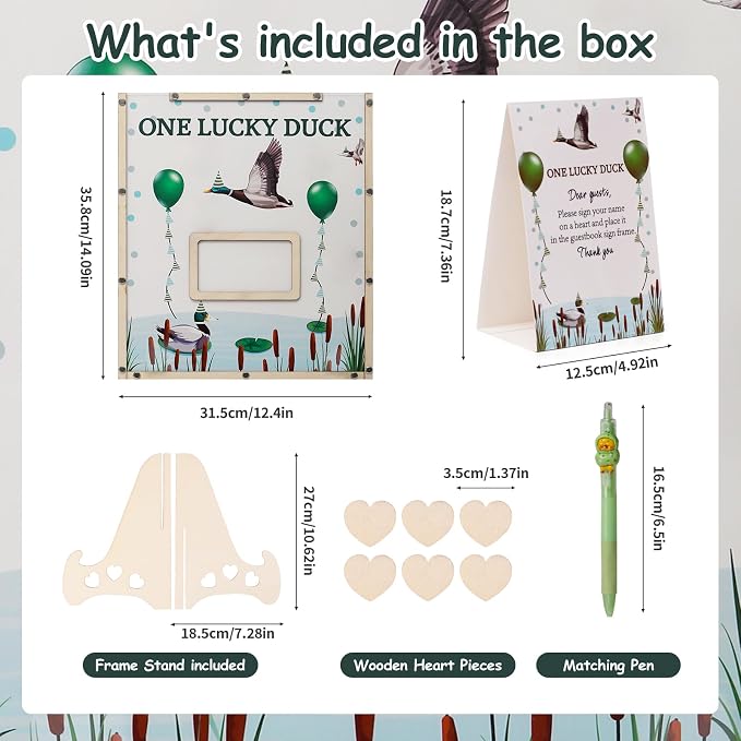 Mallard Duck Baby Shower Decorations,Baby Shower Guest Book Alternatives with Pen,Photo Frame and 60 Heart Wood Slices for 60 Guests,One Lucky Duck Birthday Decorations