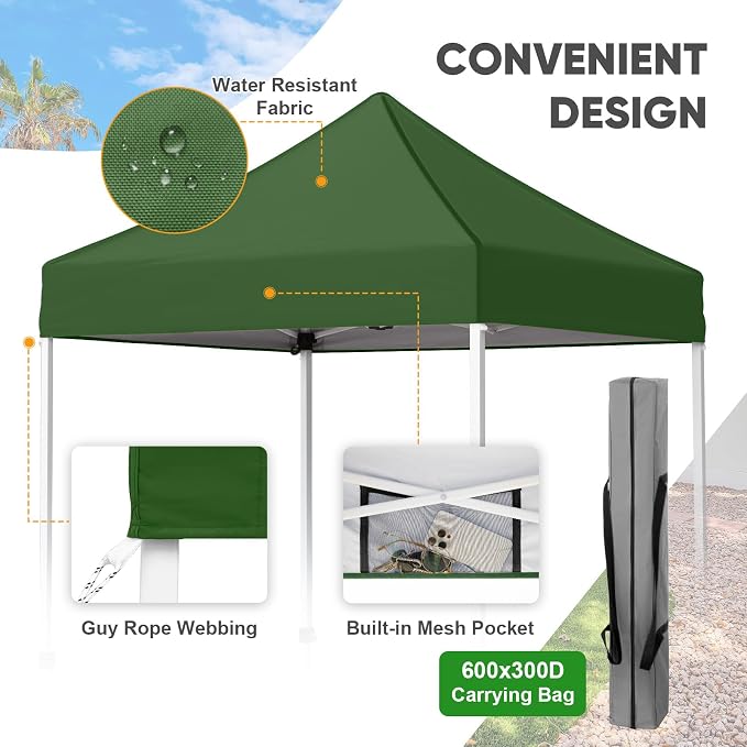 COOS BAY 5x5 Pop Up Canopy Tent, Portable Lightweight Sun Shelter with Carry Bag, Easy Setup Outdoor Canopy for Beach, Camping, Sports & Backyard Shade, Green