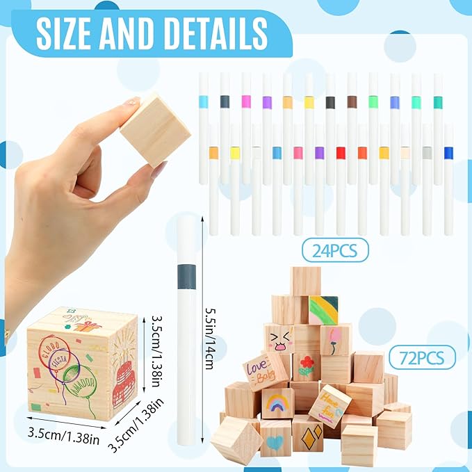 97 Pcs Blue Baby Shower Games Sign Kit,Including Decorate a Block Game Sign 72 DIY Blank Wooden Block 24 Painting Pen to Draw Your Idea for Baby Shower Game Gender Reveal Party