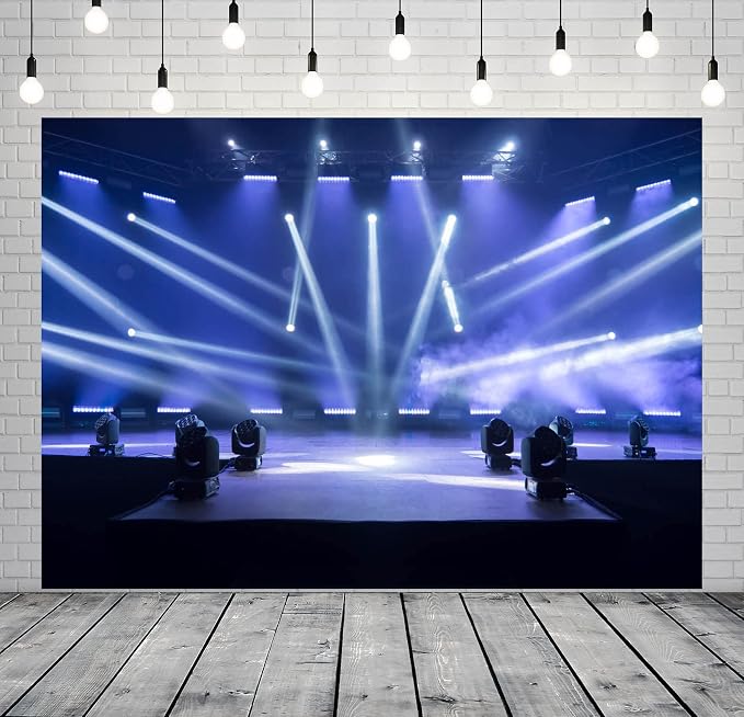 BELECO 8x6ft Night Blue Polyester Fabric Music Concert Stage Backdrop with Spotlights for Live Shows, Festivals, Parties & Photo Booths