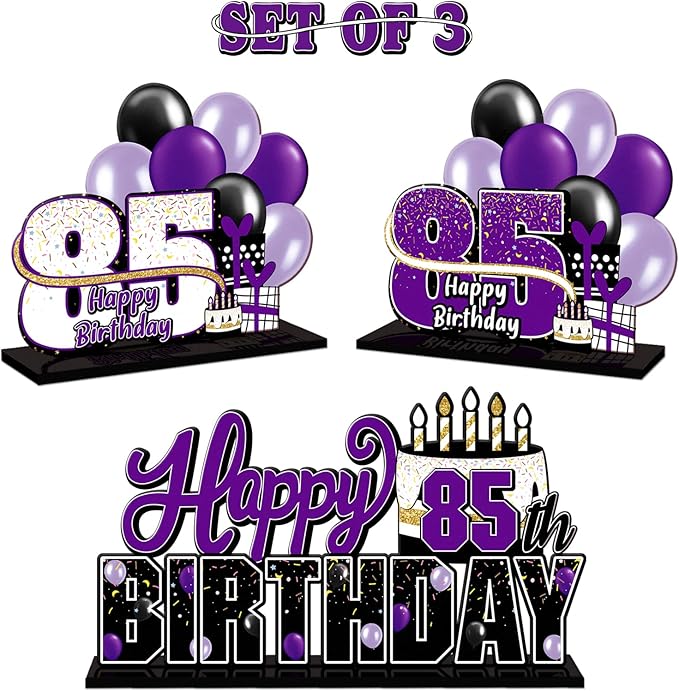 LINGTEER Happy 85th Birthday Purple Acrylic Table Topper Centerpieces Set - Cheers to 85 Years Old Birthday 85th Bday Party Gift Decorations.
