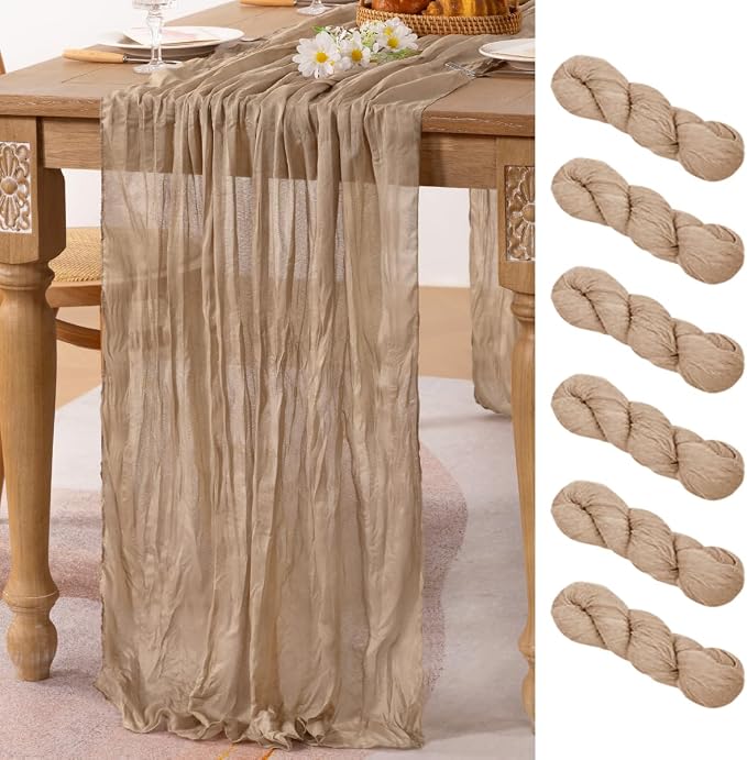 MLMC 6 Pack Nude Cheesecloth Table Runner 10ft Boho Rustic Gauze Taupe Cheese Cloth Table Runner Neutral Decor 65x120 Inches for Wedding Reception Outdoor Party Decor