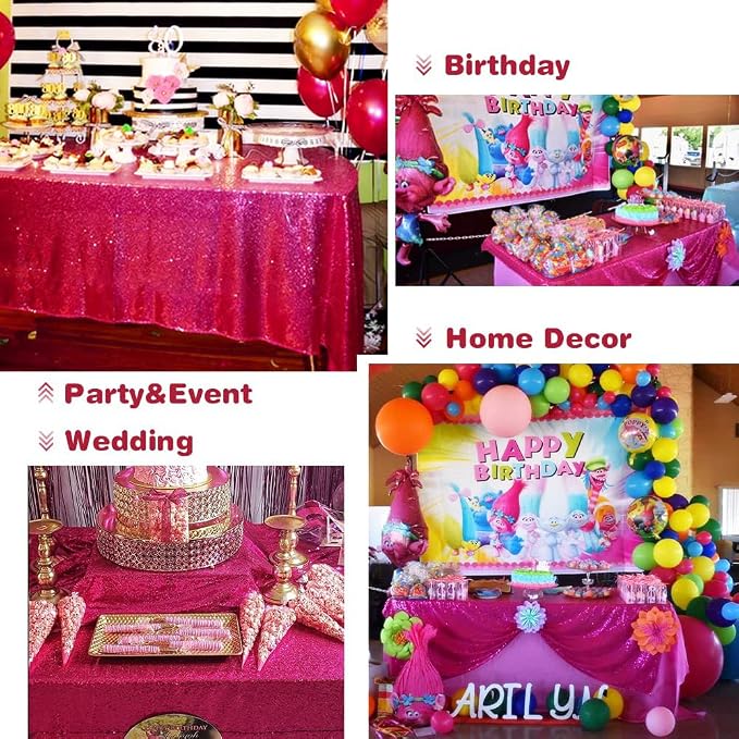 Eternal Beauty Hot Pink Tablecloth, 90x132 Inch Sequin Rectangle Table Cover for Valentines Cake Dessert Exhibition Party Birthday Events