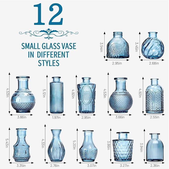 Mini Bud Vases Centerpieces for Tables,Clear Bud Vases for Flowers,Small Flower Vases Suitable for Birthday Party,Anniversary,Wedding Reception,Baby Shower (Blue, 12PCS)