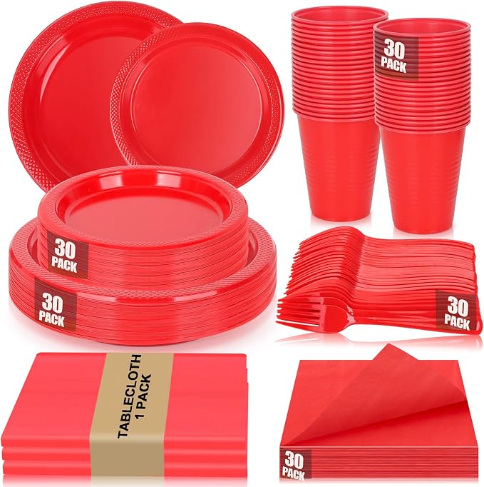 Red Plastic Plates for Party - 30 Guest 9" Dinner Plates & 7" Dessert Plates,12 oz Cups,Napkins,Forks,Disposable Plastic Tableware for Birthday,BBQ,Christmas