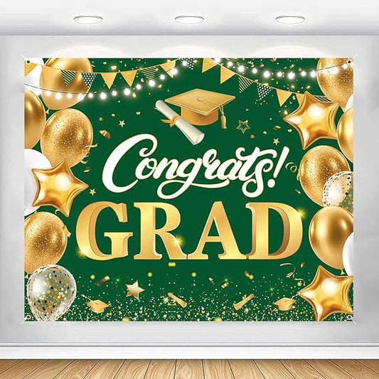 Graduation Backdrop 10x8ft Green and Gold Congrats Grad Banner Congratulations Class of 2026 Graduate Decorations Large Prom Party Background Picture Supplies for College High School