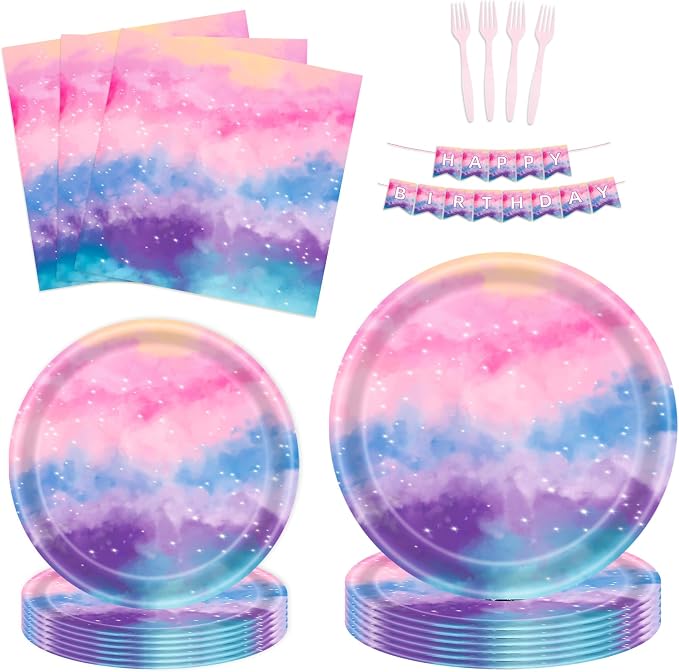 Galaxy Party Kit for 24 Guests - 97 Pcs Including Plates, Forks, Napkins, Bunting - Perfect for Astronaut-Themed Birthday Adventures