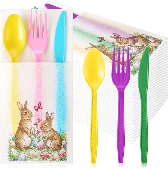 LemonRoad 50 Sets Easter Plastic Silverware Bunny Egg Disposable Prefolded Cutlery Includes Forks Knives Spoons Linen Paper Napkin Easter Tableware for Spring Gatherings Wedding Party Kitchen