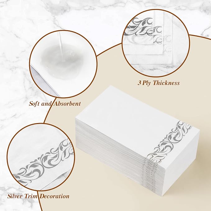 BESTVIP 100 Pack Disposable Paper Napkins, 3-Ply Dinner Napkins with Silver Trim for Guests, Bathroom Paper Hand Towels Soft & Absorbent, Perfect for Christmas, Kitchen, Dinner, Party, Wedding, Event