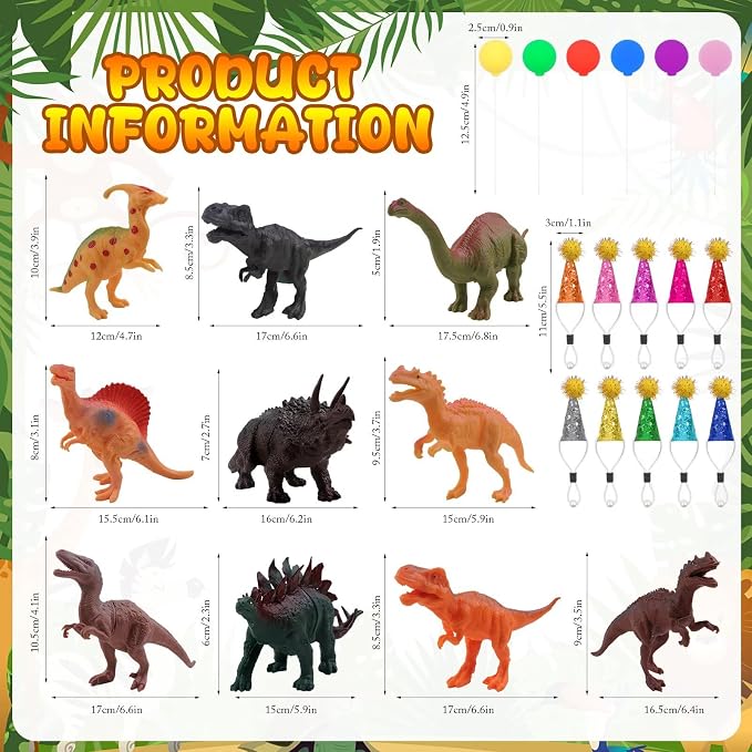 26 PCS Jungle Animal Birthday Party Decorations with Dinosaur Figurines, Mini Hats & Balloons, Cake Toppers for Birthday Party, Wild Animals Party Supplies(Dinosaur)