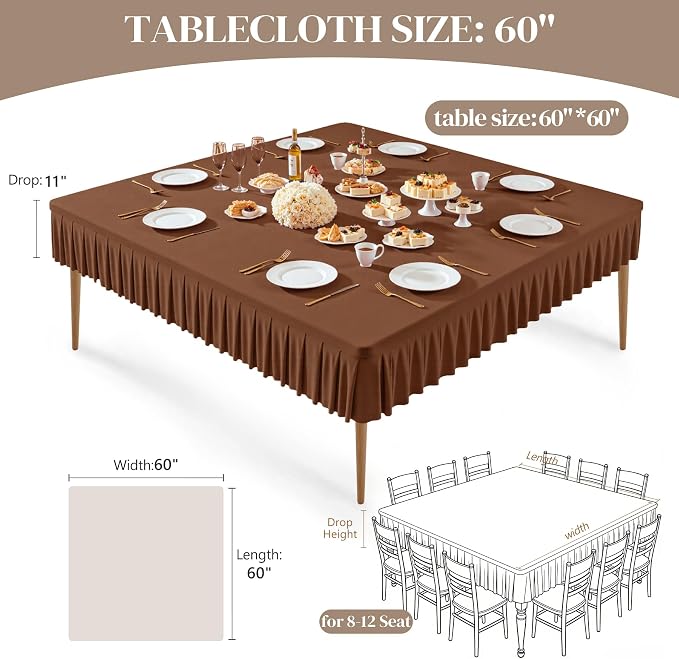 Wish Care Brown Spandex Tablecloths for 60x60 Inch Square Tables, Stretch Fitted Table Clothes with Pleated Ruffle Skirt for 60” Table, Wrinkle Free and Elastic, for Party Kitchen Home Dining