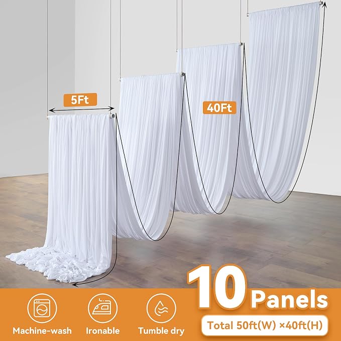 10 Panels 5x40ft White Ceiling Drapes for Wedding, Wrinkle Free Thick Polyester 40 ft Long Canopy Tent Draping Ceiling Curtains Arch Drapery for Birthday Party Event Venue Decoration