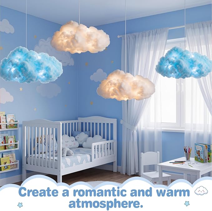 Lewtemi 8 Pcs Artificial Cloud Props with Lights 3D Fluffy Cotton Clouds Decorations 2 Sizes Hanging Clouds with Strings Hooks for Ceiling Room Wedding Party Classroom DIY Kit(White and Light Blue)
