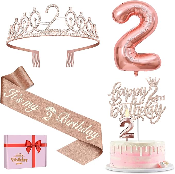 2nd Birthday Decorations for Baby Girls, Including 2nd Birthday Sash and Tiara, Cake Topper and Candle, Number Balloon, 2 Year Old Gifts for Girls