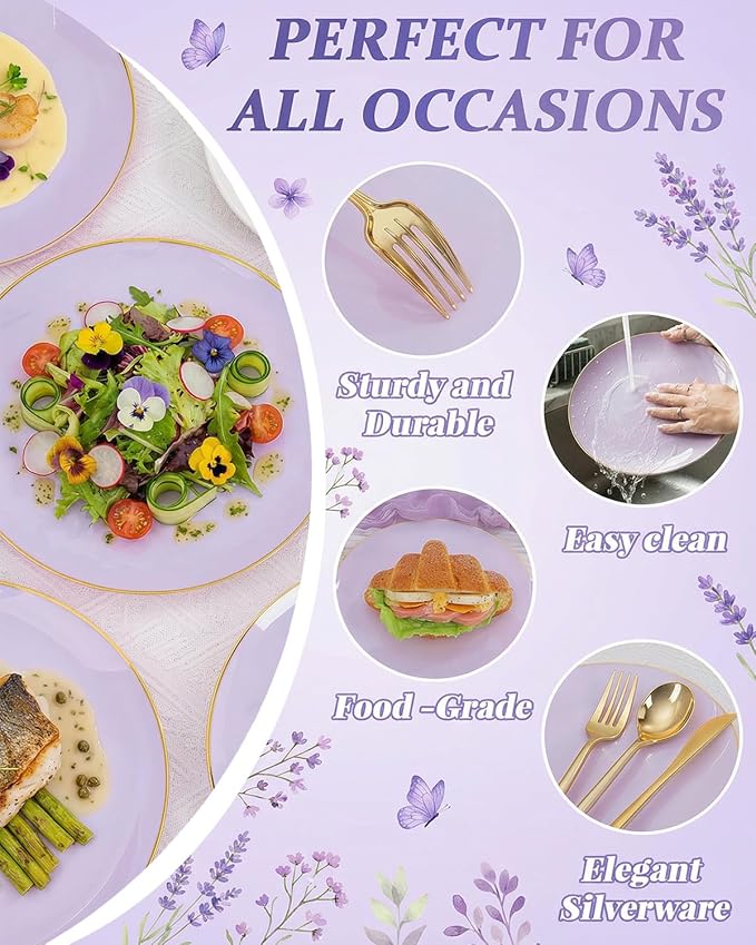 bUCLA 150PCS Purple Plastic Plates - Light Purple and Gold Disposable - Include 25 Each (Dinner & Dessert) lavender Plates, 25 Knives, 25 Forks, 25 Spoons & 25 Cups for Party, Birthday & Wedding