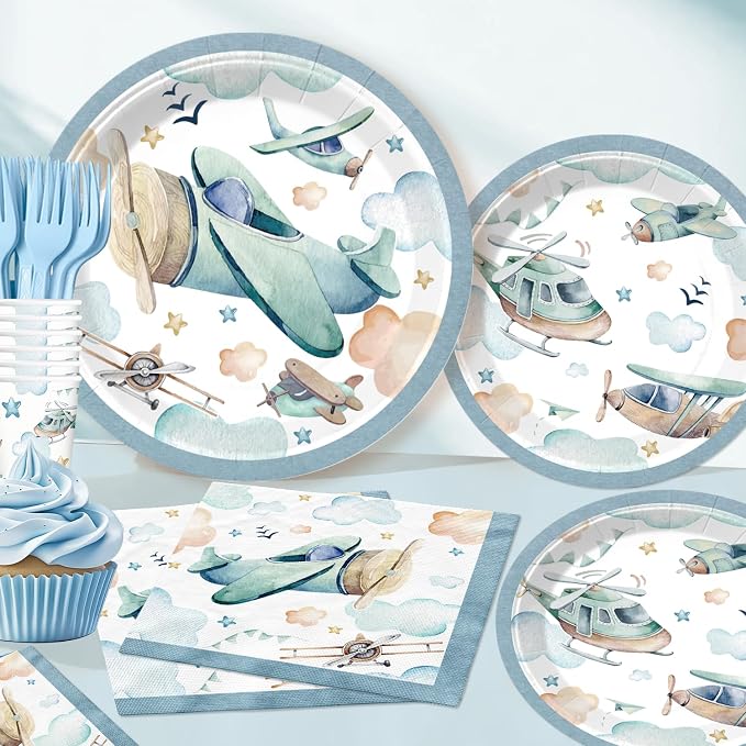 202PCS Airplane Baby Shower Decorations for Boy, Tableware Set Serves 25, Blue Airplane Theme Party Supplies with Banner, Plates, Tablecloth, Cups, Cupcake Toppers & Centerpieces