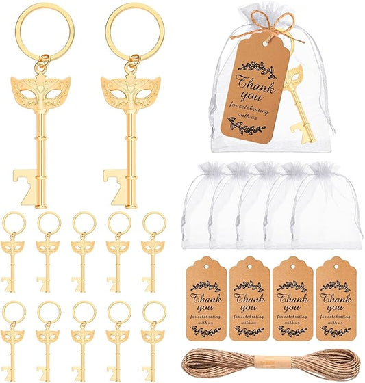 50Pcs Mask Design Keycahin Bottle Openers Beautiful Centerpieces for Tables for Masquerade Mask Party Wedding Favors Bridal Shower Party Baby Shower Gifts with Thank You Tags and Bags