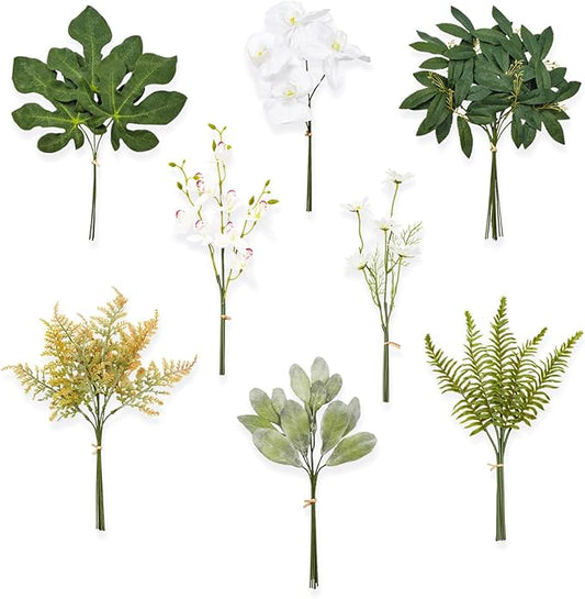 TINGE TIME Artificial Greenery Stems Box Set, 46pcs with 8 Kinds Faux Silk Greenery and Fake Orchid Flowers Bulk for Wedding DIY Bouquets, Bridal Floral Arrangements, Table Centerpieces and Home Decor