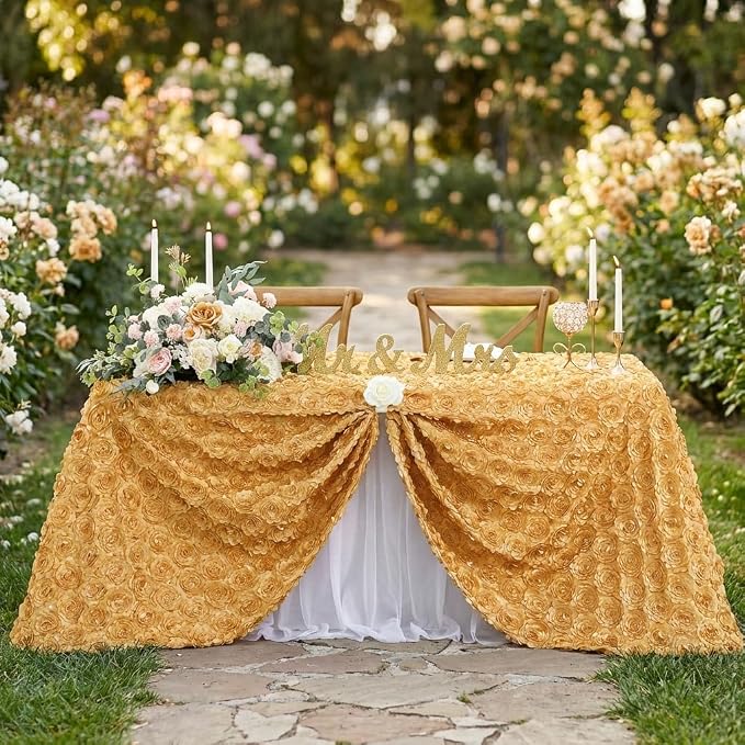 Fanqisi Gold Rosettes Tablecloth 50x80 Inches Gold Satin Table Cover for Party Wedding Baby Shower Event Table Decoration