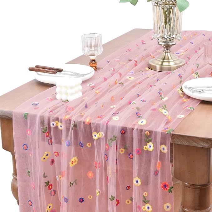 Joanlody 6pcs Blushing Pink Summer Flower Table Runner 10ft Embroidery Daisy Floral Seasonal Tulle Table Runner for Home Garden Tea Party Holiday Birthday Decoration