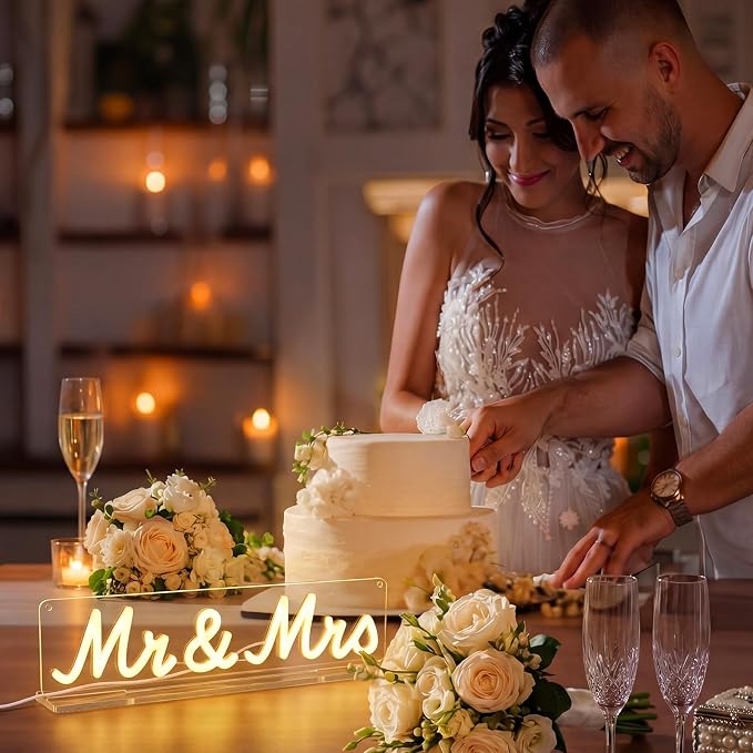 Fumete Mr and Mrs Neon Sign for Wedding Table Light up Large White Mr and Mrs Sign Wooden Letters, Miss Decoration for Anniversary Wedding & Engagement, Gifts for Anniversary Engagement