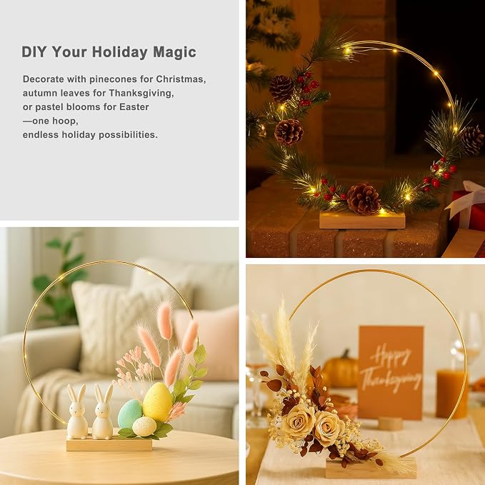 12 Pack Floral Hoop with Stand and LED Fairy Lights 10 inch Metal Rings for DIY Centerpiece Table Decorations Crafts Macrame Rings Hoop Wreath Dream Catcher Rings Wedding Christmas Wreaths, Gold