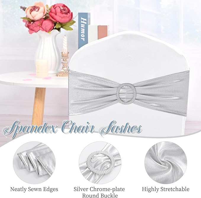 100 PCS Spandex Chair Sashes Bows Premium Stretch Chair Cover Band with Buckle Slider Universal Elastic Chair Ties for Wedding Party Ceremony Events Reception Banquet Decoration (Metallic Silver)