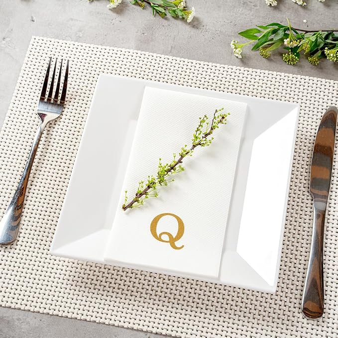 Luxenap 15.8 X 7.9 Inch Linen-Feel Guest Towels, 2000 Lettered Hand Towels - Gold Letter 'Q', Sans Serif Font, White Paper Dinner Napkins, airlaid, For Restrooms And Tables