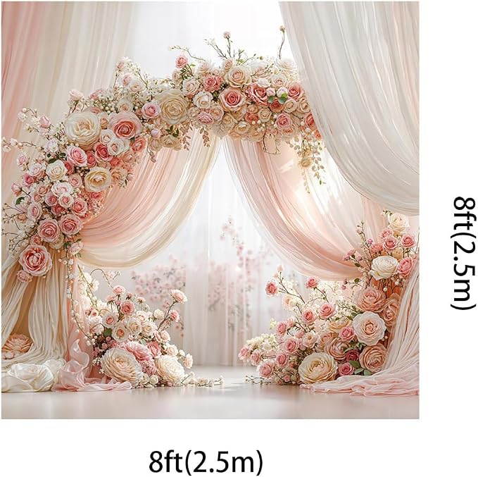 Kate Wedding Backdrop Pink Floral Arch Photography Background 8x8ft Blush Pink and Ivory Curtain with Roses Flower Decor Backdrop for Bridal Shower Photo Booth Props Backdrop