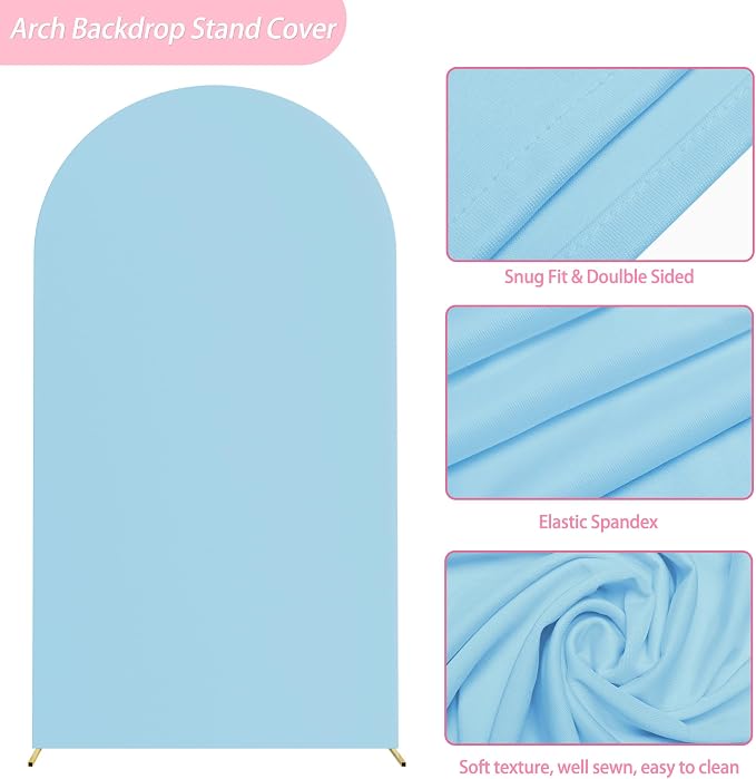 Putros Arch Backdrop Stand and Cover Set, 7.2ft, Gold Arch Stand with Dusty Blue Cover, Metal Arched Background Frame for Wedding, Birthday Party, Baby Shower, Photography Decoration