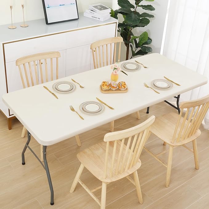 Smiry 3 Pack Rectangle Table Cloth, Elastic Fitted Flannel Backed Vinyl Tablecloths for 4ft Folding Tables, Waterproof Wipeable Table Covers for Indoor, Outdoor, Camping and Picnic (Beige, 24"x48")