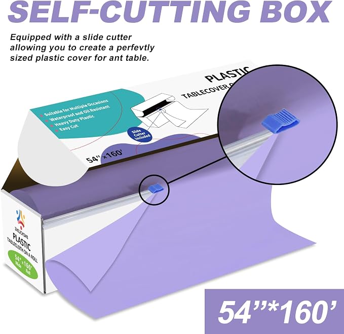54IN X 160FT Plastic Table Cover Roll with Cutter Box, Cut to Size Plastic Table Cloths for Parties, Birthday, Disposable Tablecloth Roll for All Shape Tables (Light Purple, 54 Inch X 160 Feet)