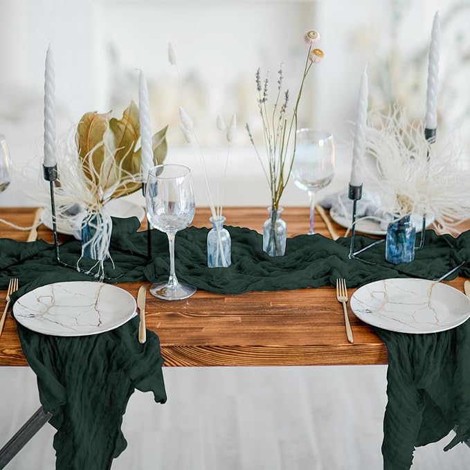 Cheesecloth Table Runner 8 Pack – 35x120 Inch (10ft) Boho Rustic Gauze Cloth Runners – Crinkle Polyester Table Decor for Wedding, Baby Shower, Bridal Shower, Birthday Party and More (Emerald Green)