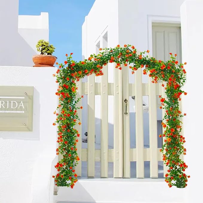 RECUTMS Faux Eucalyptus Garland Plant Fake Vines, Artificial Hanging Eucalyptus Leaves Greenery Vines Arch Kit Flower Green Garlands for Wedding Backdrop Wall Party Home Indoor Outdoor(Orange)