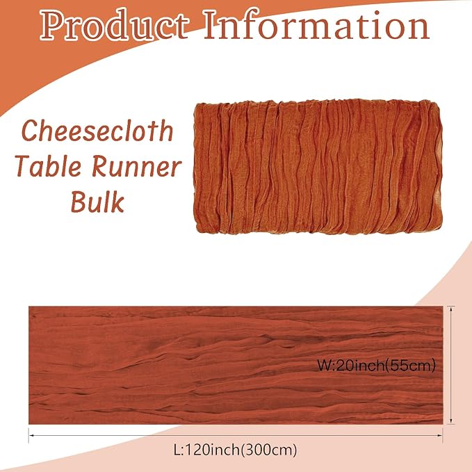 16 Pack Cheesecloth Table Runners 20" x 120", Boho Gauze Table Decor for Wedding, Bridal Shower, Birthday Party, Long Romantic Runner(Terracotta)