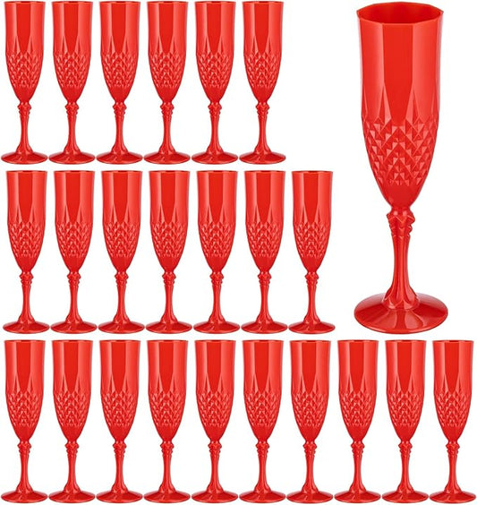 7.1OZ Plastic Champagne Flutes,24PCS Red Acrylic Wine Glasses Goblets Shatterproof Mimosa Bar Reusable Vintage Champagne Flutes Stemmed Drinking Cups for Weddings Bachelor Parties, Toasting,Christmas