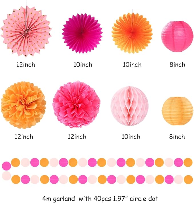 Hot-Pink Orange Fall Birthday Party-Decorations - 19pcs Autumn Summer Women Girls Streamers Banner,Paper Star Garland Lanterns Honeycomb Fan,Tissue Pom Poms,Wall Ceiling Backdrop Supplies Ouruola