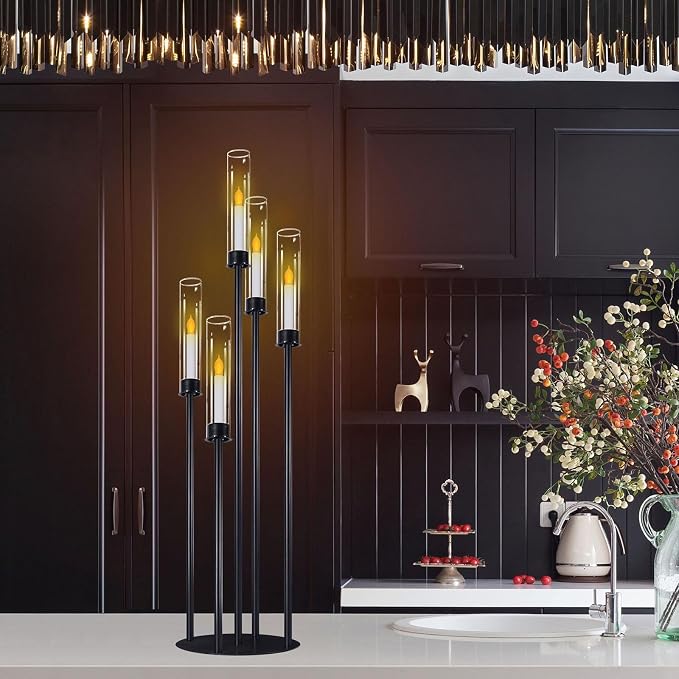 Black Candelabra with Glass Cylinders for Real Candles 5 Head Metal Candle Holder Wedding Centerpiece Ceremony Reception Event Party Home Decoration (1, L)