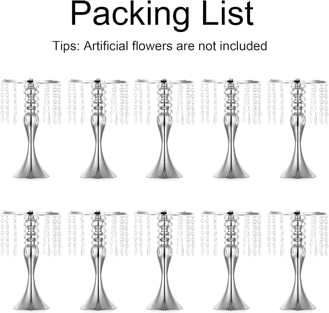 10 Pcs Silver Vases for Centerpieces, 13.8in Crystal Flower Arrangement Stand, Wedding Centerpieces for Tables, Tall Metal Flower Vase Holders for Wedding, Event, Reception, Birthday, Home Decor | High End Crystal Design Vase Stand for Wedding Party Re...