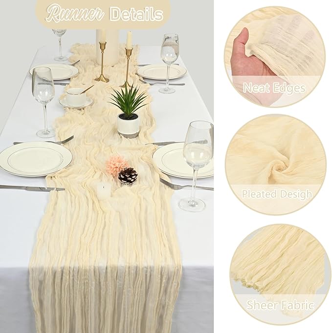 10 Pack Lvory Cheesecloth Table Runner 10FT Boho Gauze Fabric Cheese Cloth Table Runners for Wedding ,Party,Baby Shower, Bridal Party, Rustic Farmhouse and Table Decorations
