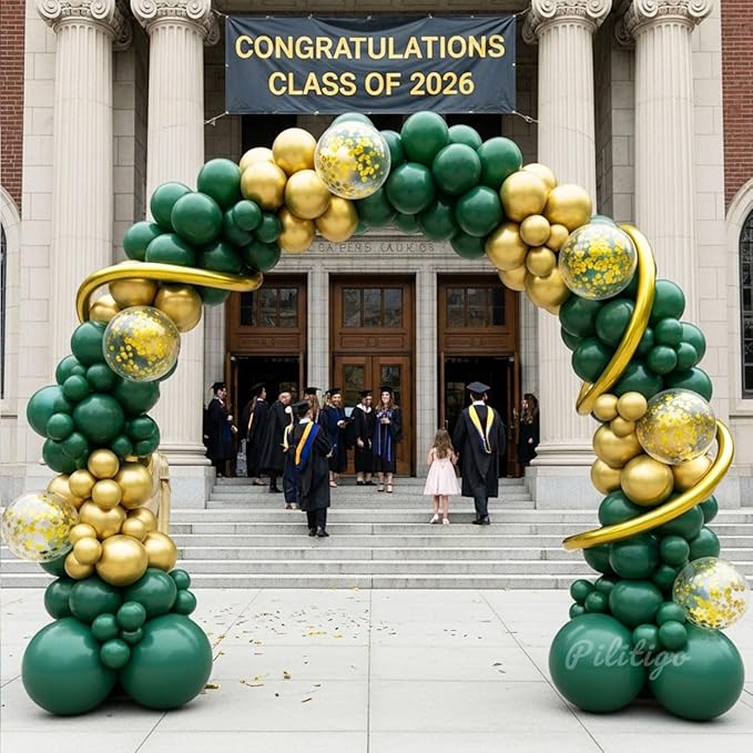 Double Stuffed Dark Green and Gold Balloon Garland Arch Kit - Emerald Green Metallic Gold Confetti Balloons for Graduation Decorations 2026, Jungle Safari Birthday, Wedding, Baby Shower Party Supplies