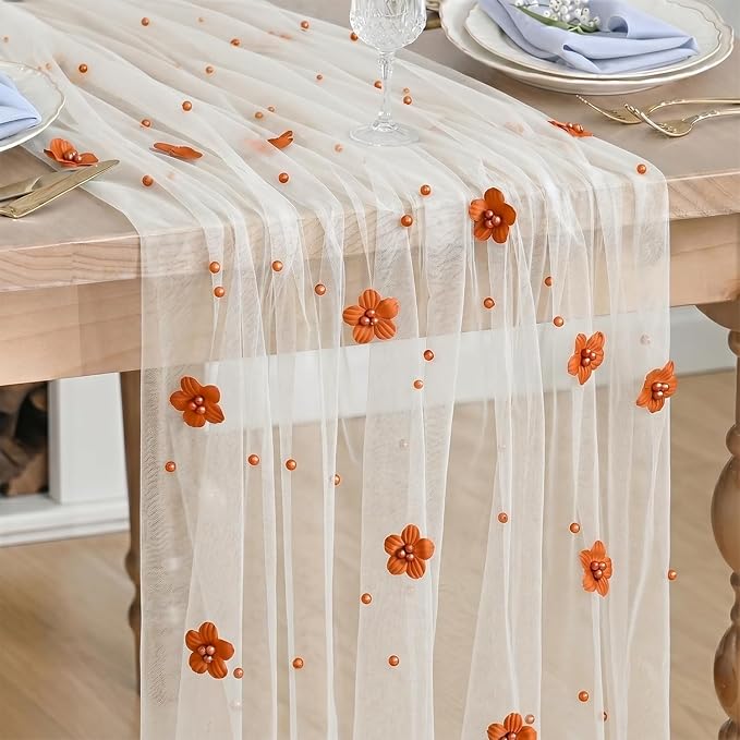Artoid Mode Caramel Flower Pearl White Gauze Table Runner 10FT, Seasonal Sheer Dining Holiday Wedding Birthday Baby Shower Table Decor for Home Party