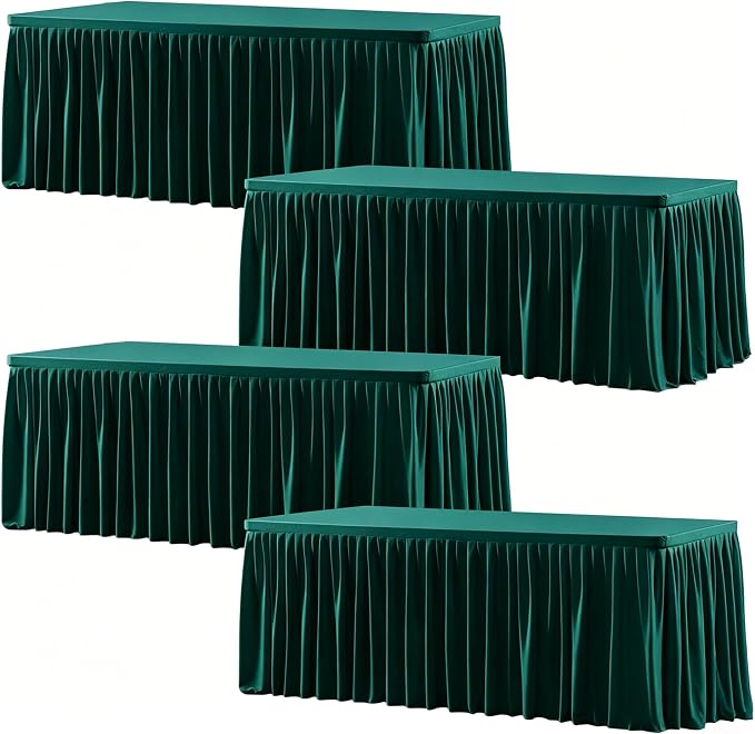 Wish Care 4 Pack Emerald Green Rectangle Table Clothes for 8 Foot Tables, Polyester Fitted Tablecloths 8ft Stretch Table Cover for Wedding, Birthday, Parties, Trade Show, Craft Show